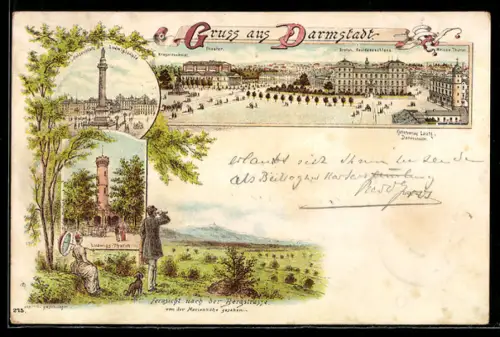 Vorläufer-Lithographie Darmstadt, 1893, Louisenplatz & Ludwigssäule, Ludwigs-Turm, Fernsicht nach der Bergstrasse