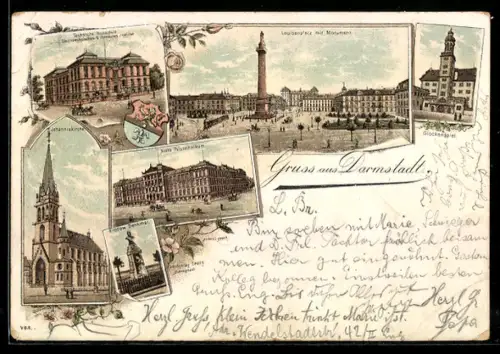 Vorläufer-Lithographie Darmstadt, 1895, Louisenplatz mit Monument, Johanniskirche, Glockenspiel