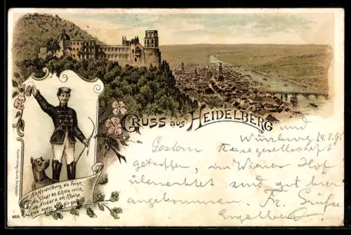 Vorläufer-Lithographie Heidelberg, 1895, Teilansicht mit Burg, Student trinkt Bier