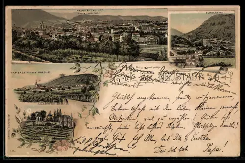 Lithographie Neustadt a. d. H., Haardter Schlösschen, Hambach mit der Maxburg, Schoenthal