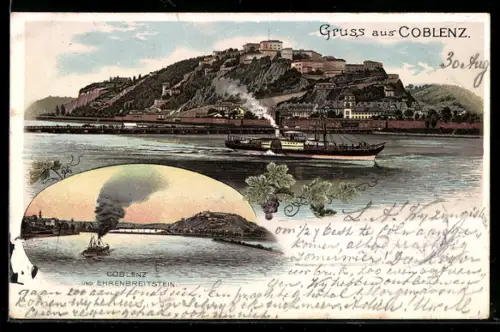 Vorläufer-Lithographie Coblenz, 1895, Teilansicht mit Festung Ehrenbreitstein