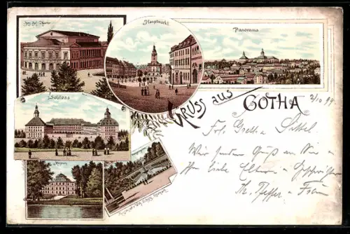 Lithographie Gotha, Hauptmarkt, Panorama, Schloss