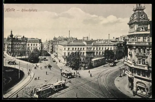 AK Halle, Ribeckplatz mit Strassenbahn