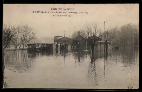 AK Port-Marly, La Station des Tramways sous l`eau lors de la crue de la Seine, 1er février 1910