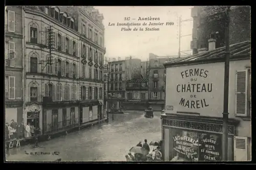 AK Asnières, Les Inondations de Janvier 1910, Place de la Station, Hochwasser