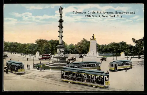 AK New York City, Columbus Circle, 8th Ave, Broadway and 59th Street mit Strassenbahnen