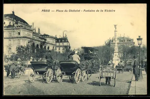AK Paris, Place du Châtelet, Fontaine de la Victoire, Strassenbahn