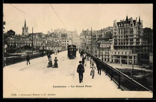 AK Lausanne, Le Grand Pont, Strassenbahn
