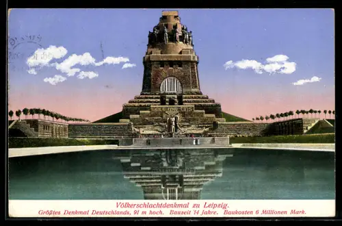 AK Leipzig, Völkerschlachtdenkmal mit Spiegelung im Wasser