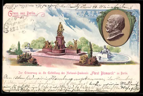 Lithographie Berlin-Tiergarten, Bismarck-Denkmal, Fürst Bismarck