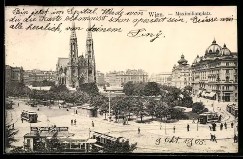 AK Wien, Maximilianplatz aus der Vogelschau mit Strassenbahnen