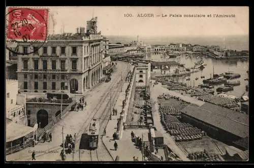 AK Alger, Le Palais consulaire et l`Amirauté, Strassenbahn