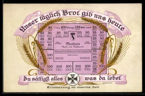 AK Erinnering an eiserne Zeit, Brotkarte für Berlin und Nachbarorte