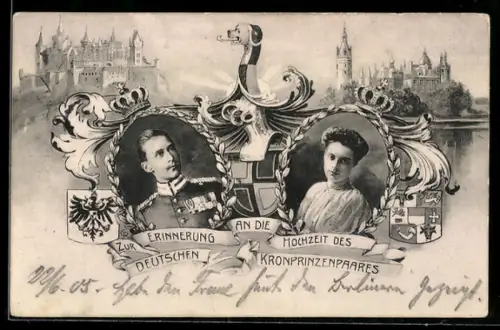 AK Kronprinz Wilhelm von Preussen und Cecilie, zur Hochzeit, Wappen, Krone