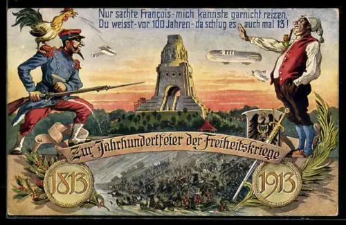 AK Deutscher Michel wehrt sich: Nur sachte Francois, mich kannste gar nicht reizen, Freiheitskriege, Zeppelin