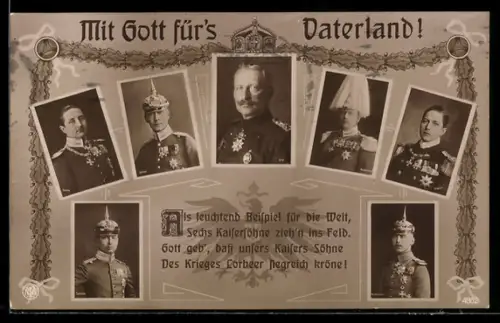 AK Kaiser Wilhelm II., Als leuchtend Beispiel für die Welt, 6 Kaisersöhne zieh`n ins Feld, Portraits
