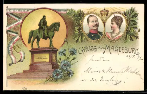 Lithographie Magdeburg, Enthüllung des Kaiser Wilhelm Denkmals 1897