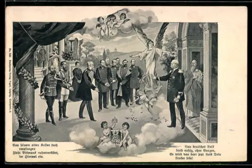 AK Kaiser Wilhelm I. begrüsst Fürst Bismarck, Engel um sie herum