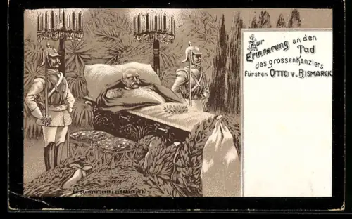 Künstler-AK Erinnerung an den Tod von Kanzler Otto von Bismarck, Soldaten am Totenbett