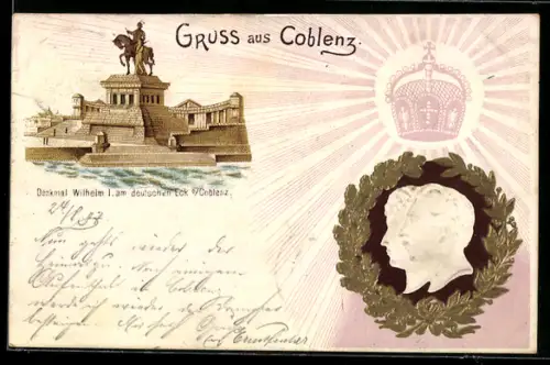 AK Coblenz, Denkmal Wilhelm I., Portrait des Kaisers mit Gattin