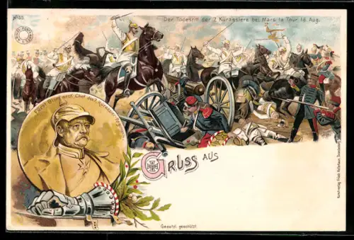 Lithographie Fürst Bismarck, Chef des 7. Kürassier-Regiments, Todesritt der 7. Kürassiere bei Mars le Tour