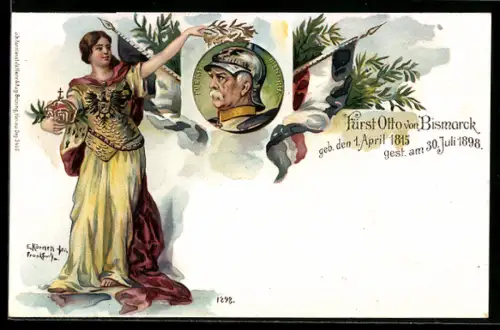 Lithographie Fürst Otto von Bismarck und Germania