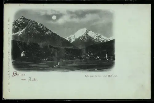 Mondschein-AK Igls, Ortsansicht mit Serles und Habicht