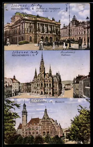 AK Reichenberg / Liberec, Rathaus, Hauptpostamt und Museum