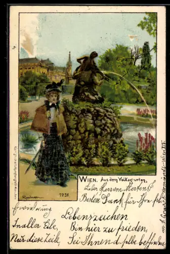 Künstler-AK Wien, Aus dem Volksgarten, Frau im Kleid an einem Brunnen