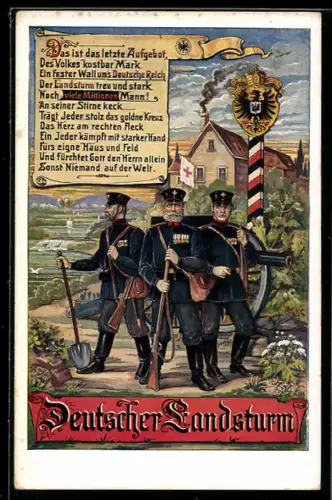 AK Propaganda 1. Weltkrieg, Deutscher Landsturm, Soldaten mit Gewehren und Spaten