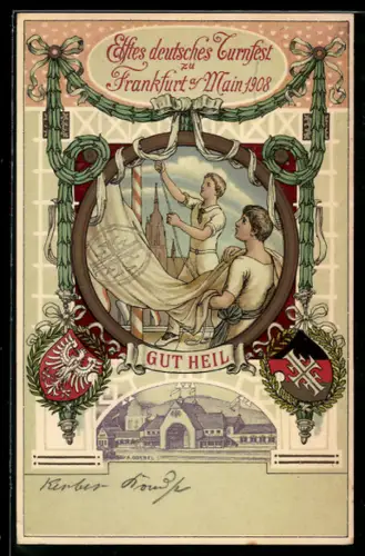 AK Frankfurt, 11. Deutsches Turnfest 1908, Festpostkarte Nr. 1, Turner hissen Fahne, Wappen Frankfurt und Turnwappen