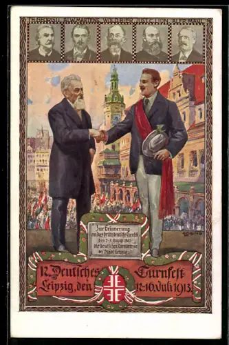 AK Leipzig, 12. Deutsches Turnfest 1913, Turner reichen sich die Hand, Porträts