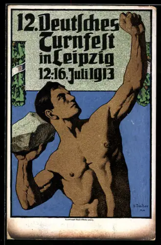 Künstler-AK Hans Treiber: Zum 12. Deutsches Turnerfest in Leipzig, 12. - 16. Juli 1913, Sportler mit Stein
