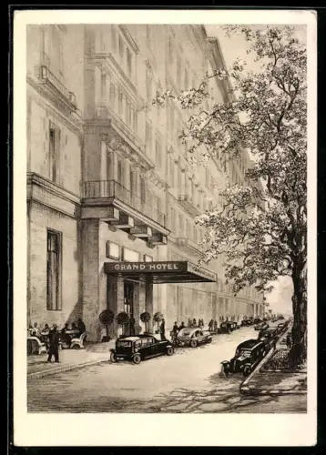 AK Wien, Grand Hotel am Kärntner Ring 9 mit parkenden Autos und Passanten