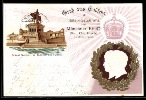 AK Coblenz, Denkmal Wilhelm I., Portrait des Kaisers mit Gattin