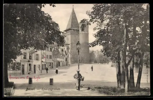 AK Basel, Spalengraben, Strassenpartie mit Turmgebäude