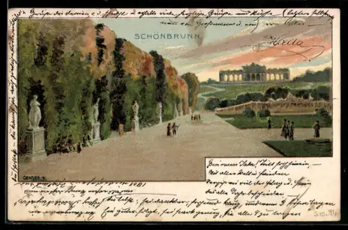 Künstler-Lithographie Wien-Schönbrunn, Partie im Schlossgarten mit Gloriette