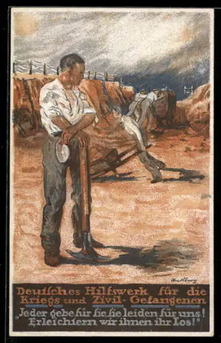 Künstler-AK Dt. Hilfswerk für die Kriegsgefangenen u. Zivilgefangenen, Kriegsgefangene bei der Arbeit