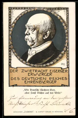 Künstler-AK Franz Stuck: Der Zwietracht eiserner Erwürger - Des Deutschen Reiches Ehrenbürger, Fürst Otto von Bismarck