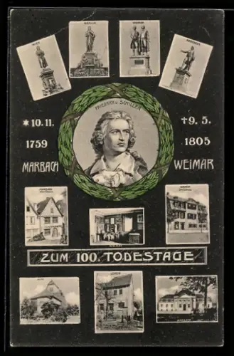 AK Marbach, Porträt v. Friedrich Schiller zum 100. Todestage, versch. Denkmäler