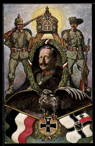 AK Kaiser Wilhelm II. unter der Krone zwischen den Soldaten, Adler mit Flaggen