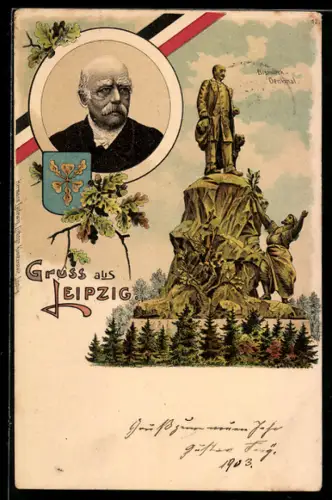 Lithographie Leipzig, Bismarck-Denkmal, Portrait von Fürst Bismarck