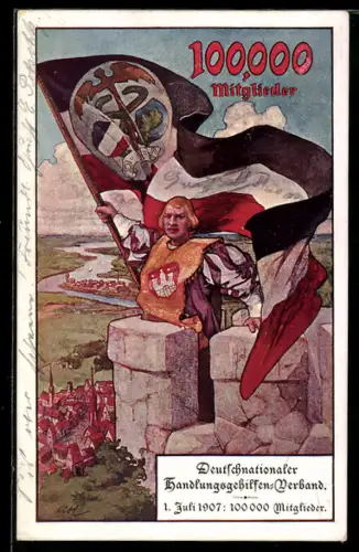 Künstler-AK Deutschnationaler Handlungsgehilfen-Verband, Landsknecht mit Fahne