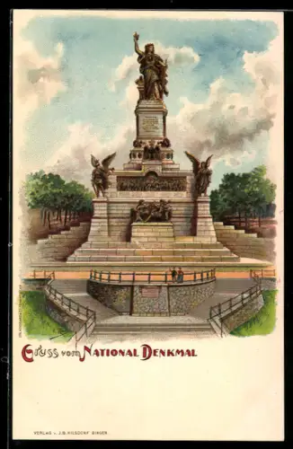 Lithographie Rüdesheim am Rhein, National Denkmal