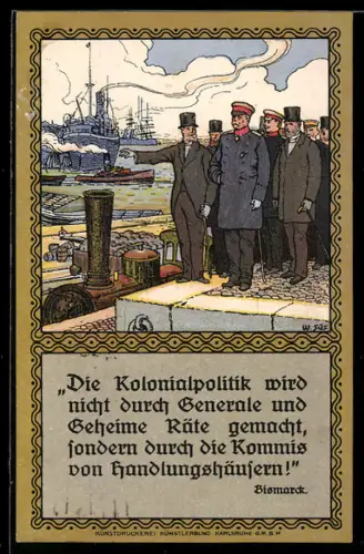 Künstler-AK Bismarck in Uniform beim Hafen mit Berater