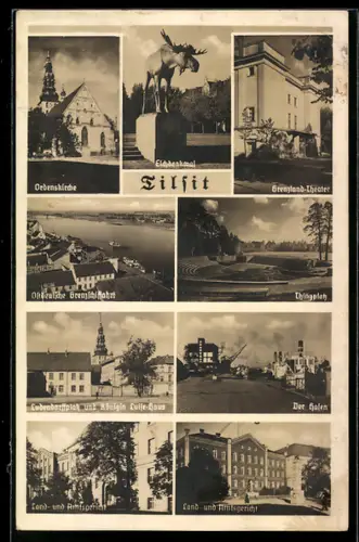 AK Tilsit, Ludendorffplatz und Königin Luise-Haus, Ordenskirche, Land- und Amtsgericht