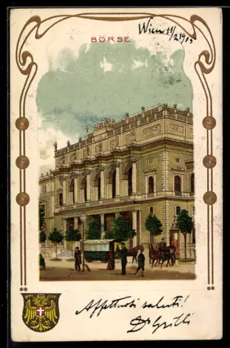 Lithographie Wien, an der Börse, Wappen und geprägter Rahmen