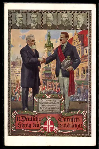 AK Leipzig, 12. Deutsches Turnfest 1913, Turner reichen sich die Hand, Porträts