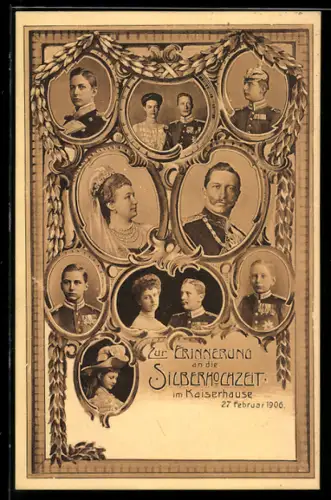 AK Festpostkarte zur silbernen Hochzeit des kaiserlichen Paares 1906, Portraits