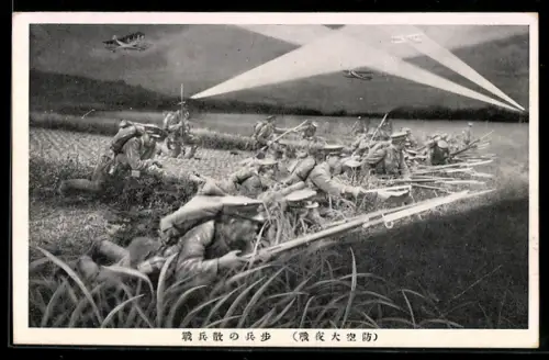 AK Japanische Soldaten in einem Feld, Flugzeuge und Scheinwerfer im Himmel